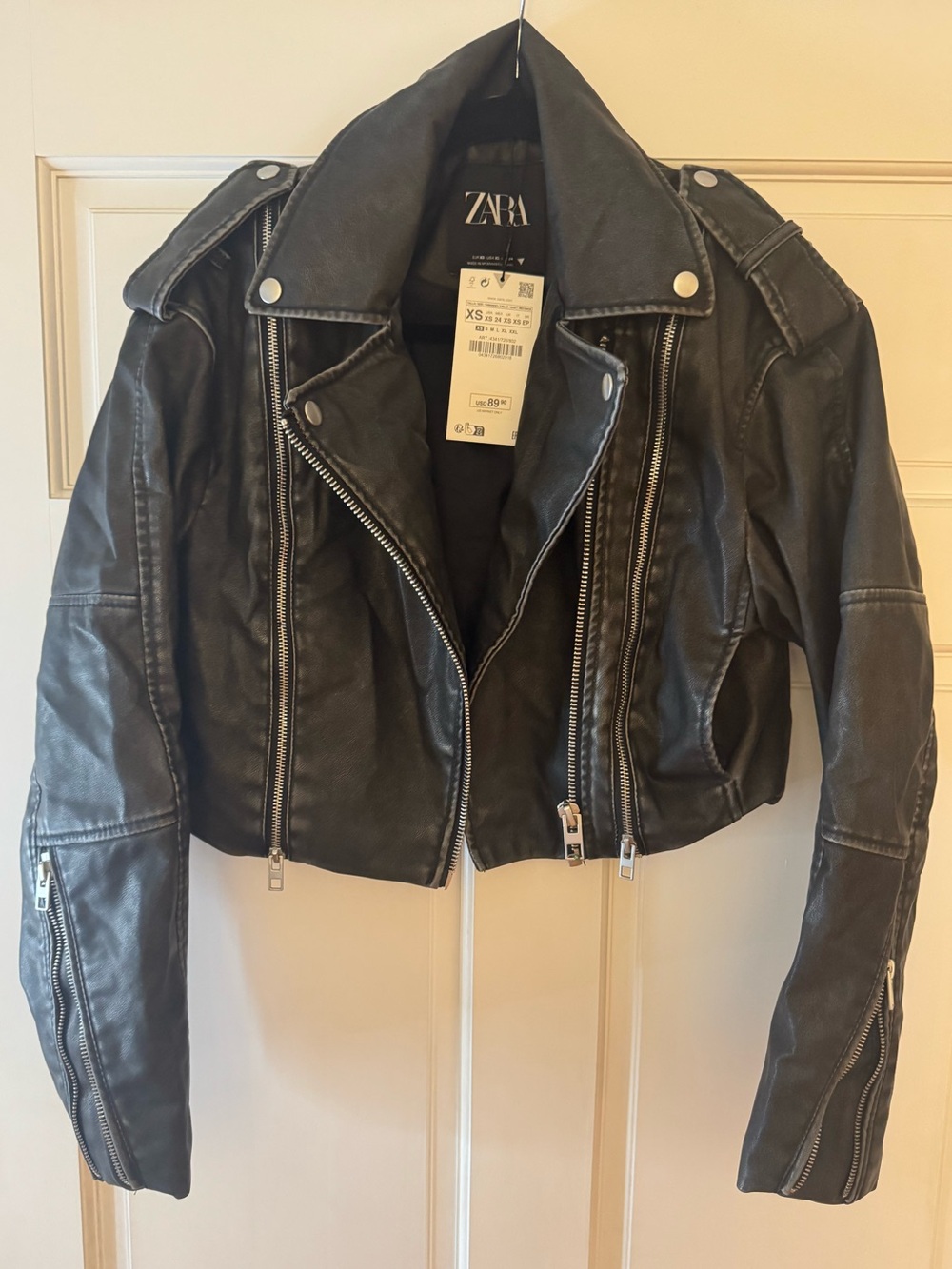 ZARA Black Faux Leather Cropped Moto Jacket